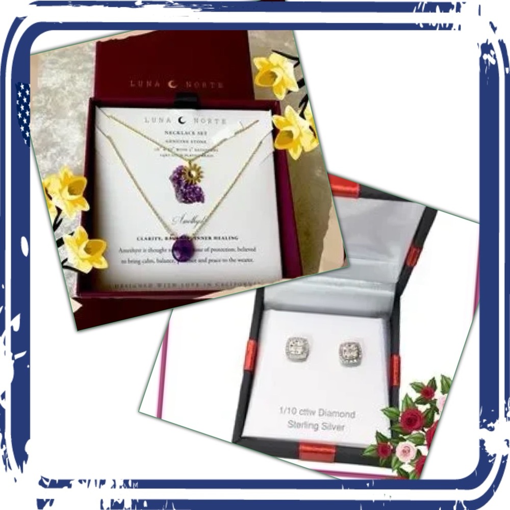 Luna Norte  Amethyst necklace set with Diamond and SS earrings